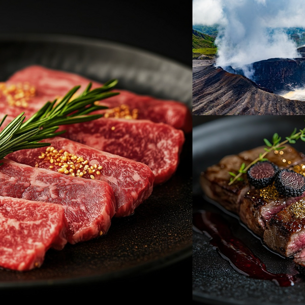 Two images of sliced beef with rosemary on a black plate, one on the left and one on the right, with a scenic background.